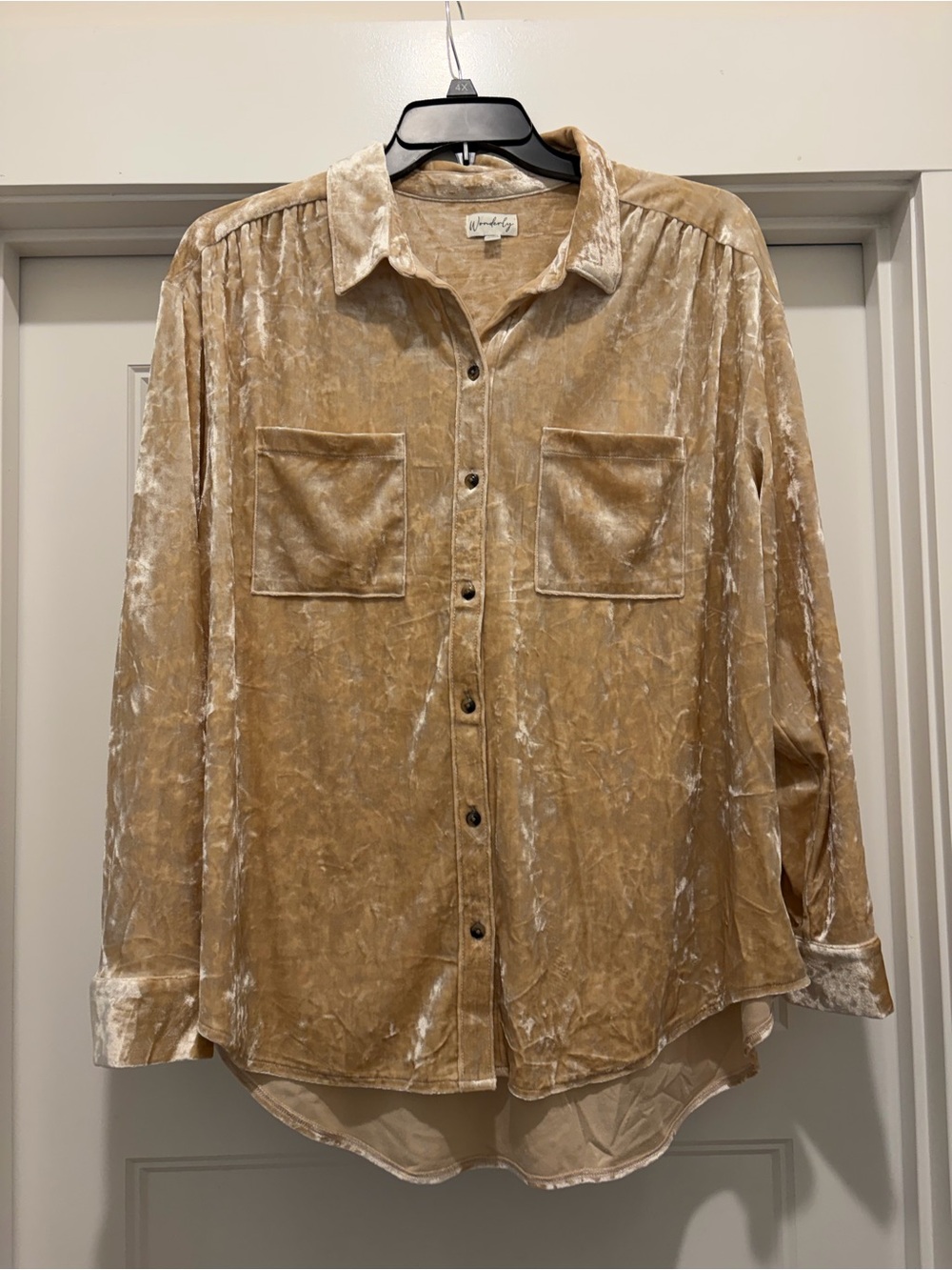 Wonderly Velvet Button-Front Shirt in Camel-Taupe